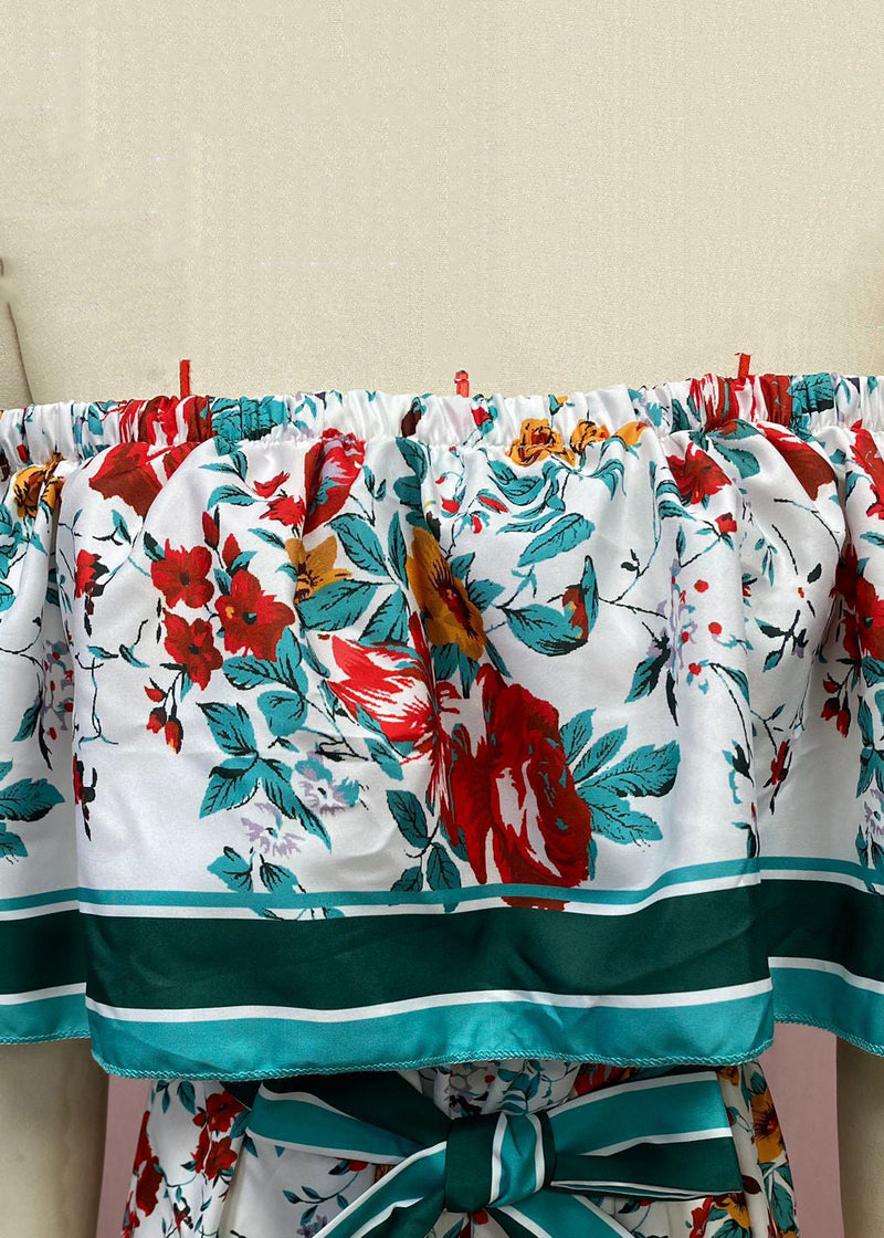Green Slash Neck Print Cotton Long Dresses Summer