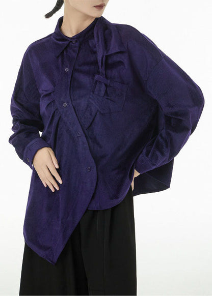 Purple Asymmetrical Design Silk Velour Shirt Top Spring
