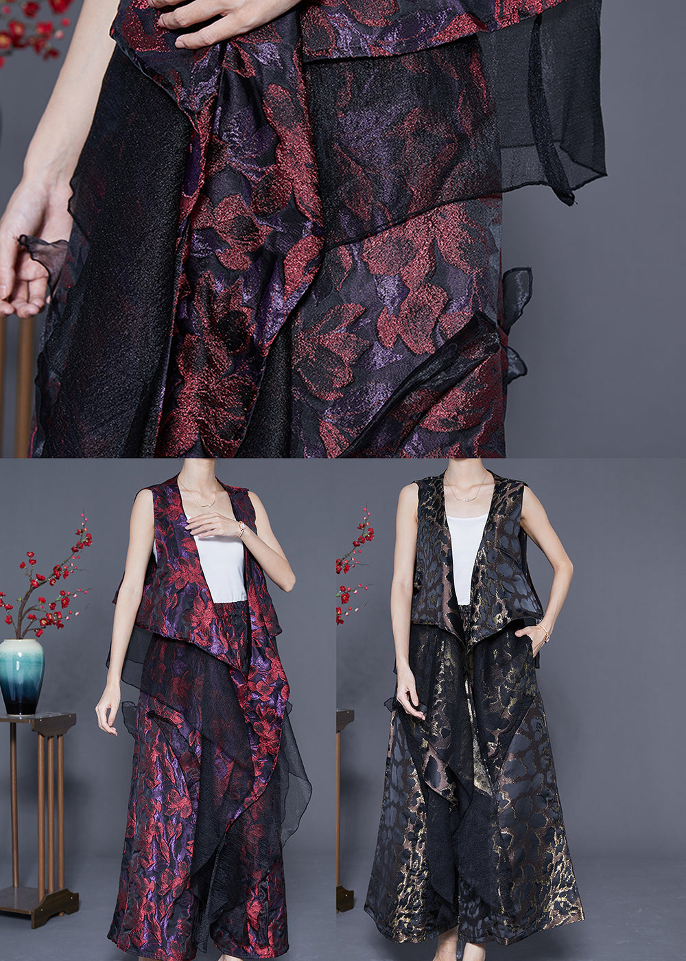 Black Patchwork Silk Two-piece Set Oversized Leopard Print Summer