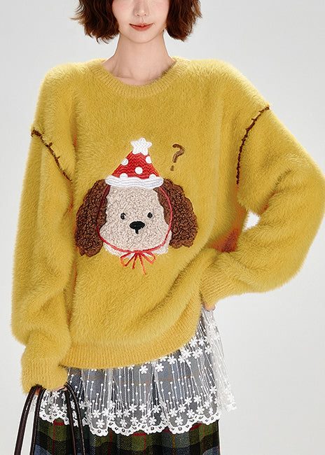 Yellow Embroidered Dog Warm Fuzzy Fur Fluffy Knit Pullover Winter