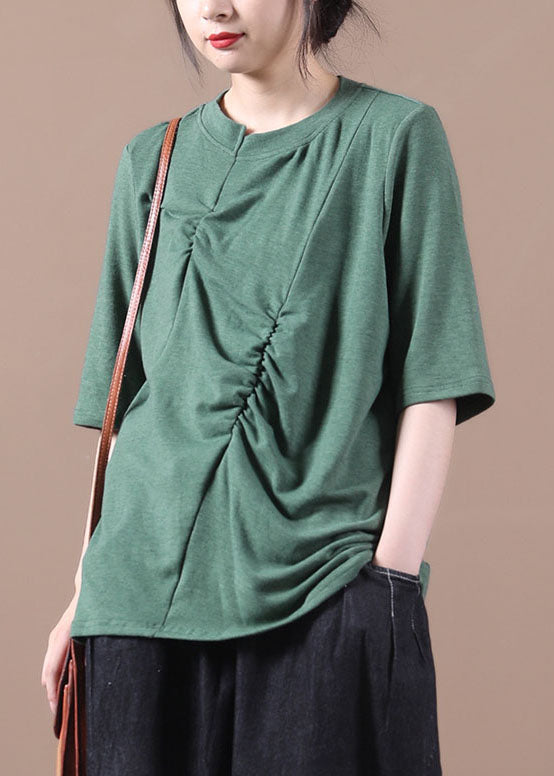 Green Wrinkled Knit Blouses Half Sleeve