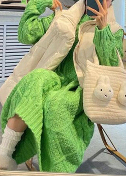 Green O-neck Cozy Cable Cotton Knit Sweaters Dress Fall