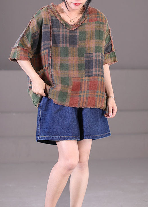 Chocolate V Neck Patchwork Plaid Cotton Linen Tops Short Sleeve