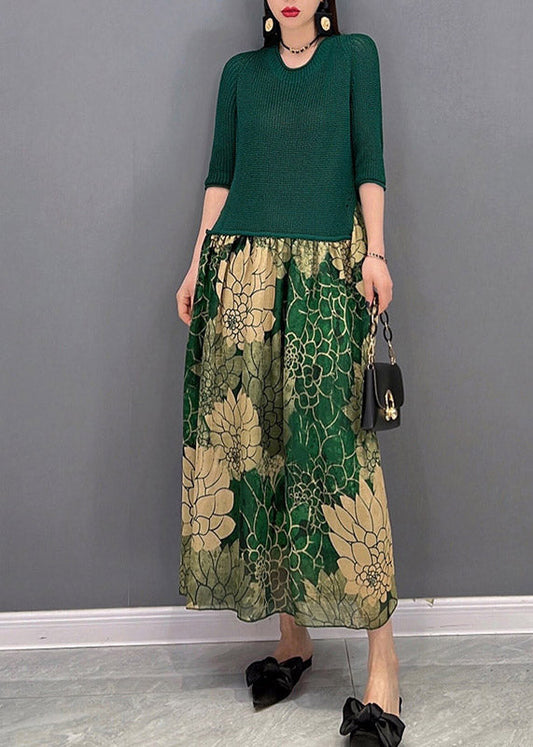 Green O-neck Chiffon Patchwork Print Knit Long Dress Half Sleeve