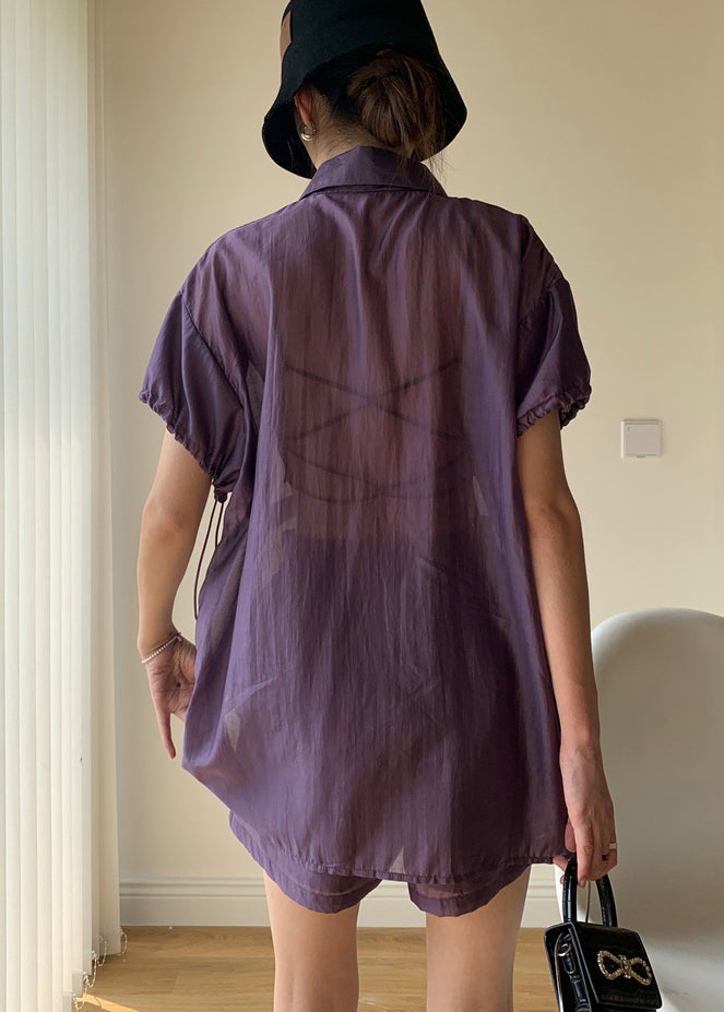 Purple Peter Pan Collar Button Patchwork Cotton Two Piece Suit Summer