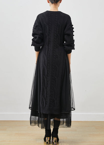 Black Side Open Knit Sweater Dress and Tulle Skirt Two Pieces Set Winter