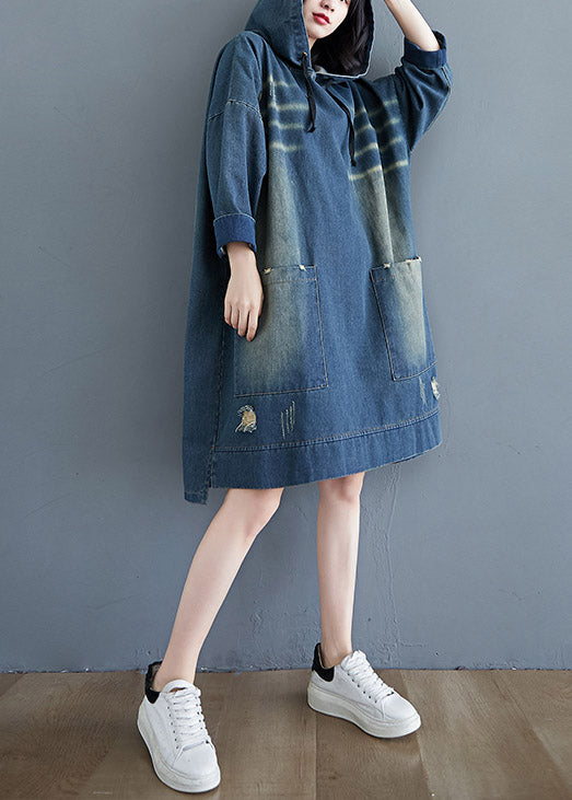 Blue Drawstring Hooded Pocket Denim Dress Long Sleeve