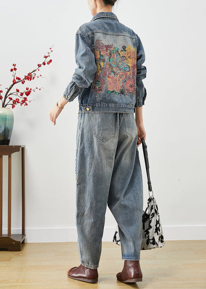 Art Blue Embroideried Print Rivet Denim Two Pieces Set Fall