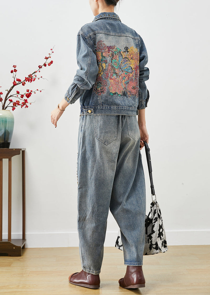 Art Blue Embroideried Print Rivet Denim Two Pieces Set Fall