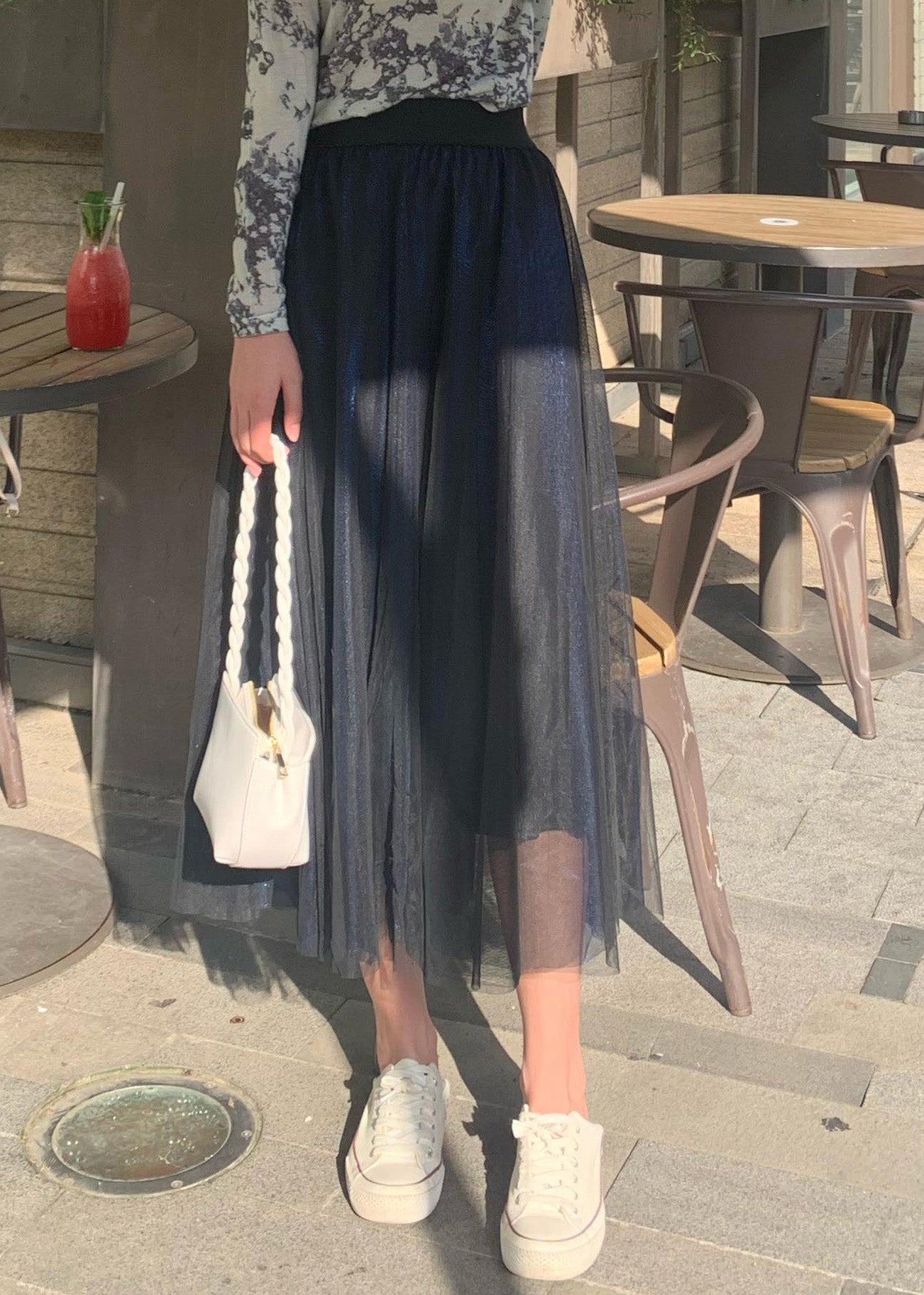 Dty Blue Elastic Waist Draping Tulle a Line Skirt Spring
