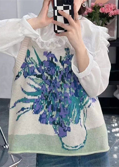 Retro Blue O-neck Print Cotton Knit Waistcoat Sleeveless