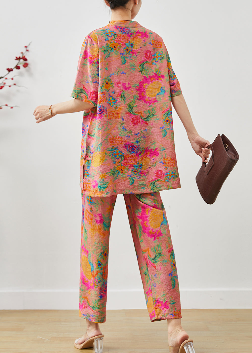 Pink Print Linen Two Pieces Set Chinese Button Summer