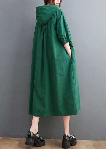 Green Button Neck Tie Cotton Hooded Long Dress Summer