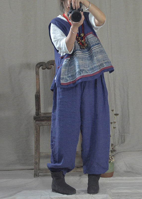 Blue O-neck Patchwork Linen Tank Top Fall