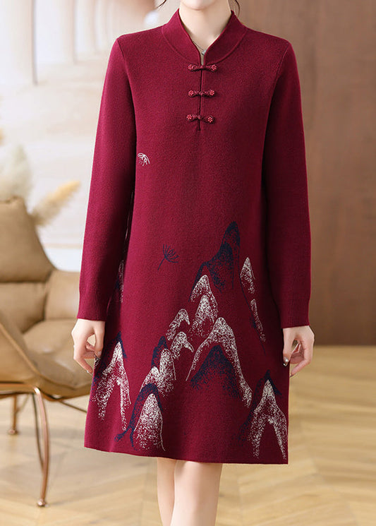 Mulberry Stand Collar Button Cotton Knit Maxi Sweater Dress Fall