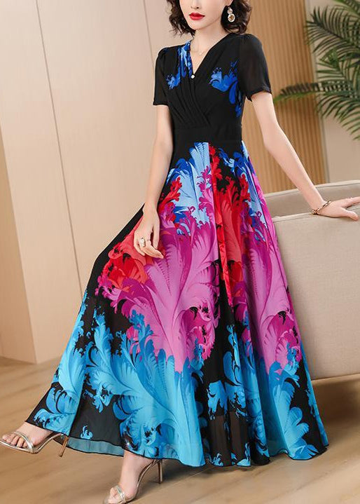 Black V Neck Print High Waist Chiffon Maxi Dresses Summer
