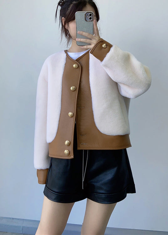 French White V Neck Patchwork Leather and Fur Jackets Winter