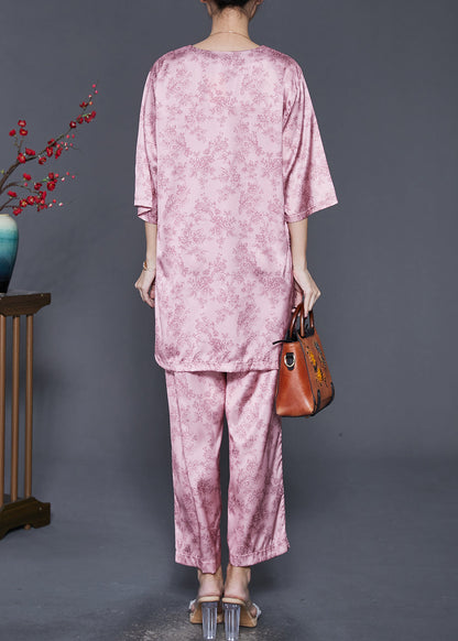 Pink Oversized Print Silk Two Pieces Set Spring