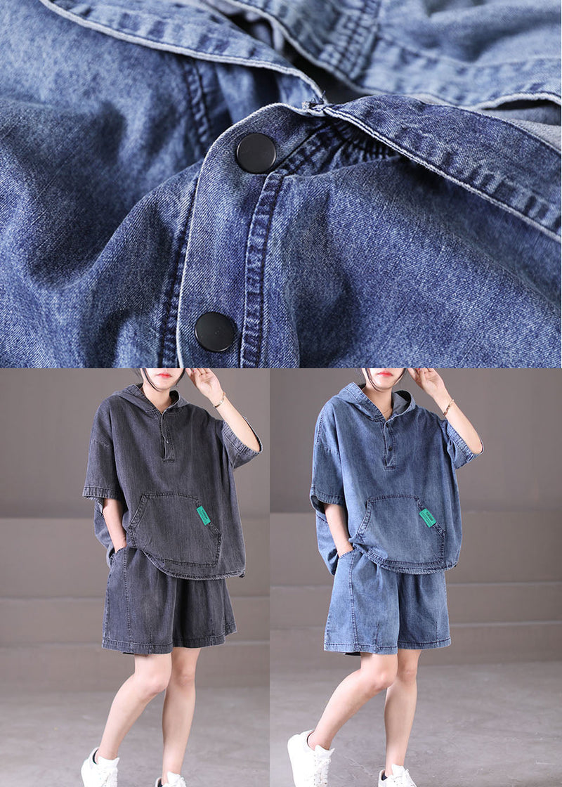 Denim Blue Cotton Tops and Shorts Two Piece Set Outfits Hooded Drawstring Summer
