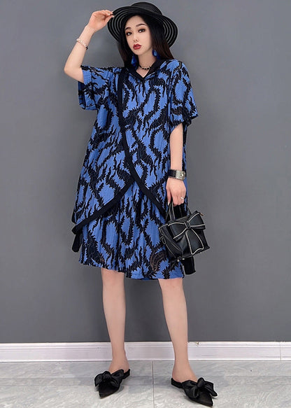Blue Print Tops and Shorts Two Piece Suit Set Asymmetrical Side Open Summer
