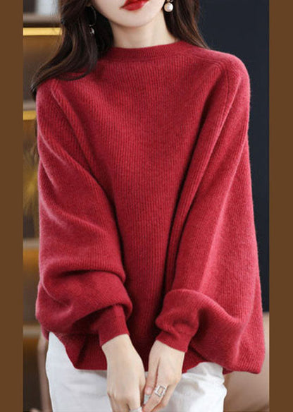 Modern Red O-neck Oversized Wool Knit Sweater Tops Batwing Sleeve
