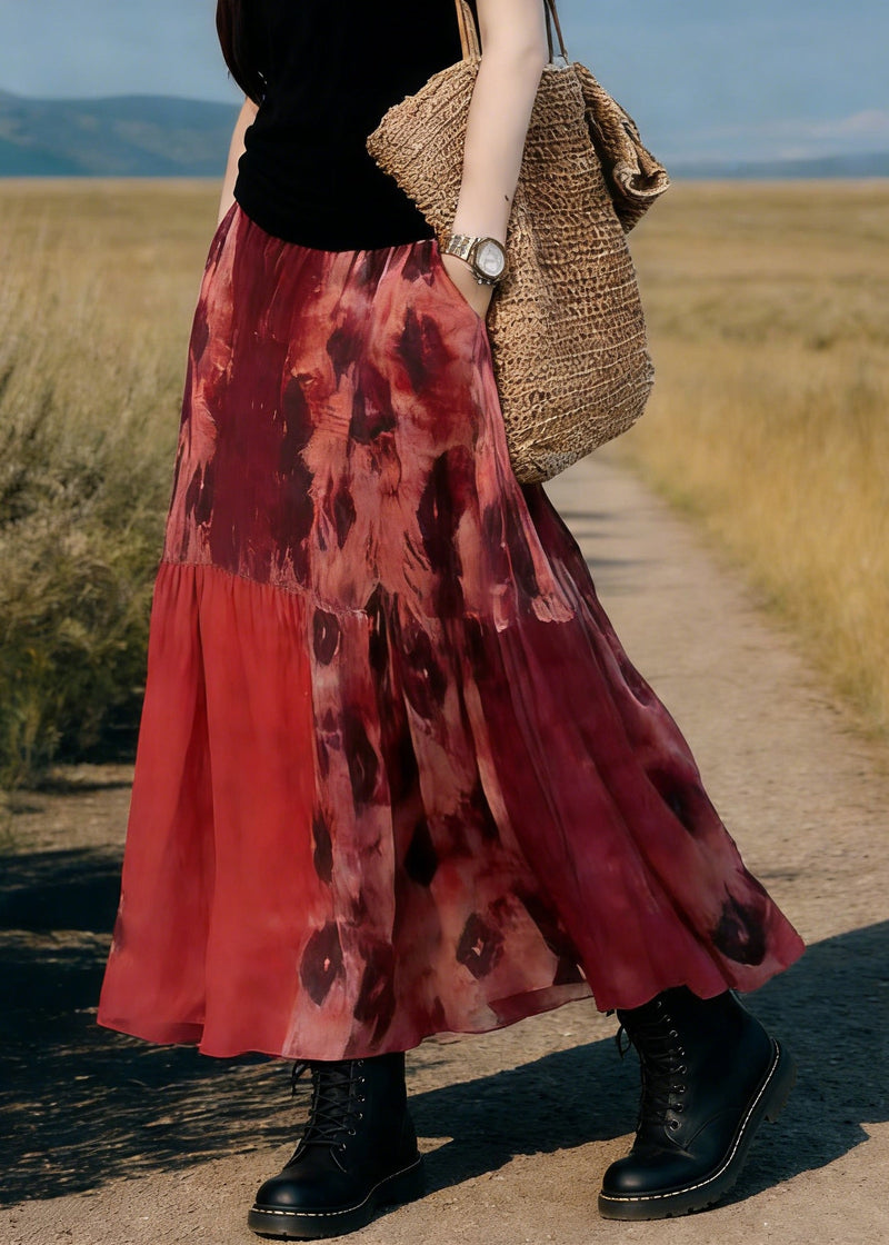Red Pockets Print Elastic Waist Maxi Skirt Spring
