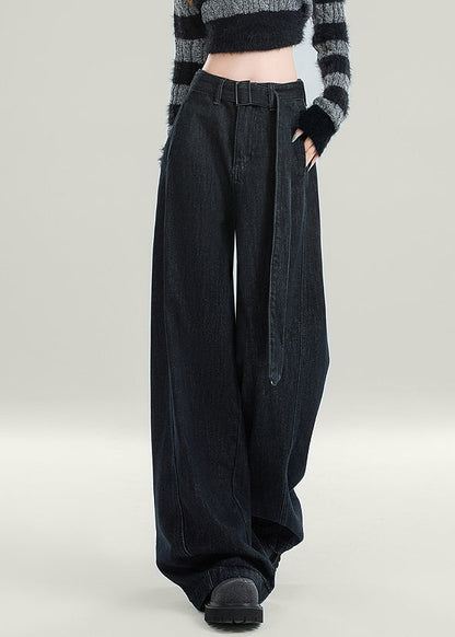 Original Design Black Sashes High Waist Warm Fleece Jeans