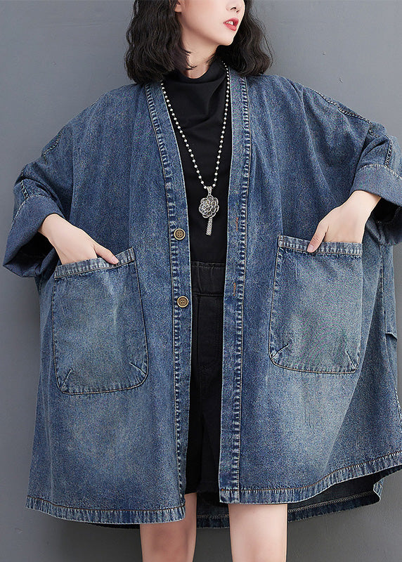 Blue V Neck Patchwork Button Trench Coats Spring