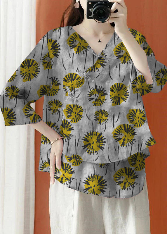 Brown Asymmetrical Print Linen Blouses Half Sleeve