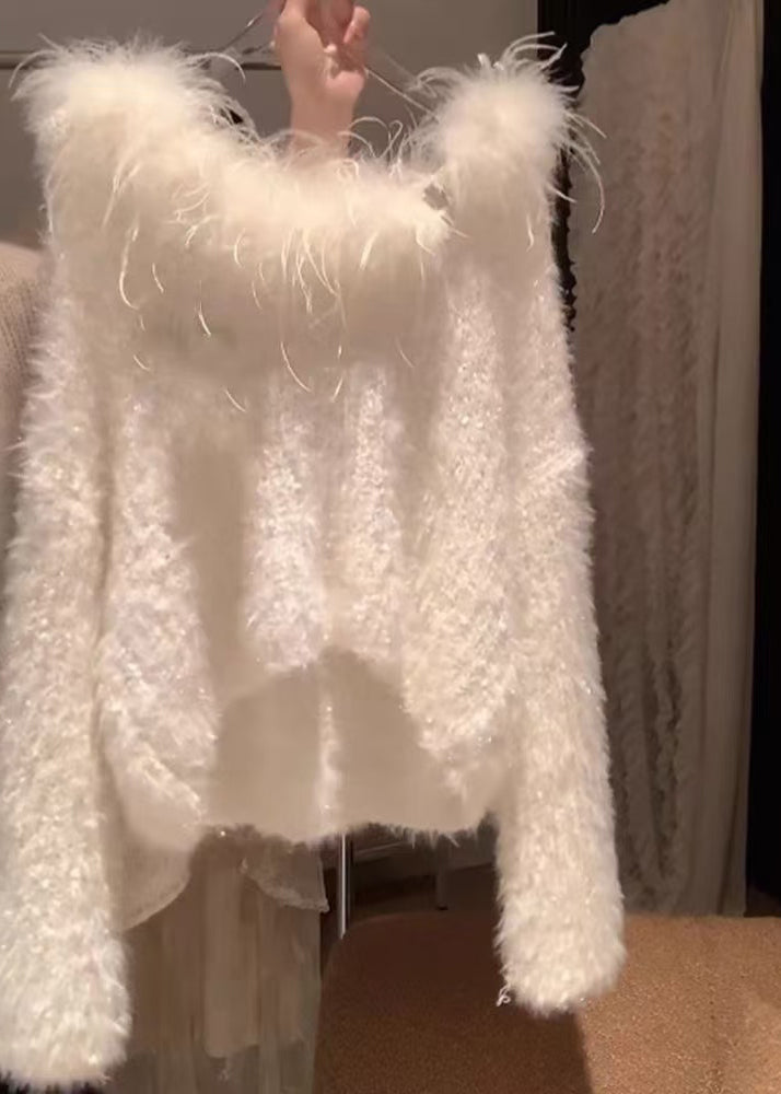 Simple White Fur Collar Cozy Knit Sweater Spring
