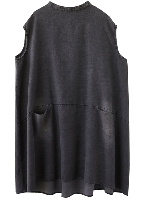 French Grey Stand Collar Pockets Cotton Denim Dress Sleeveless