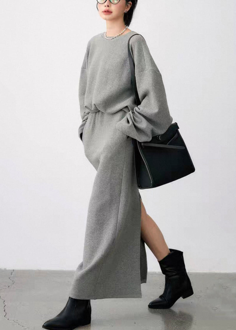 Grey O Neck Side Open Sweatshirt and Skirts Cotton Two Pieces Set Fall