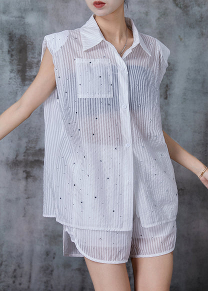 White Striped Zircon Cotton Two Pieces Set Summer