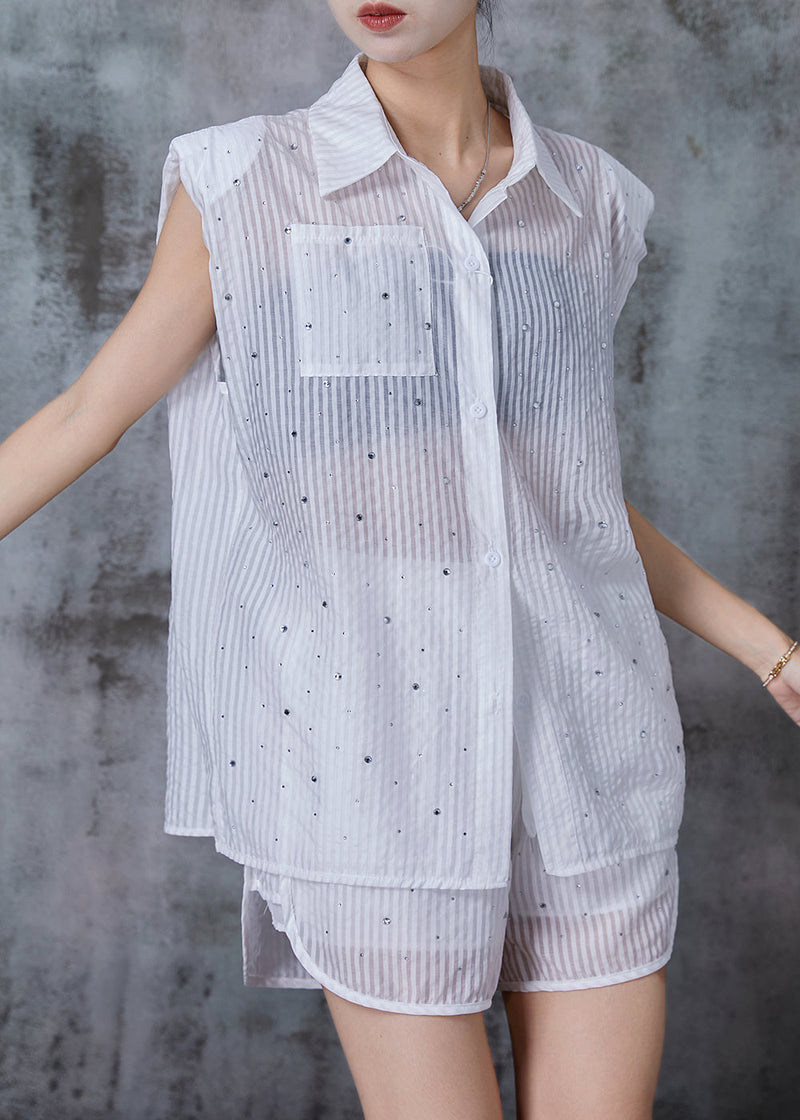 White Striped Zircon Cotton Two Pieces Set Summer