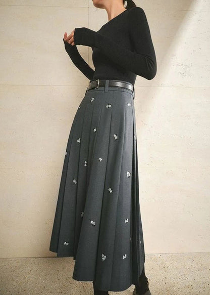 Grey Embroideried Cotton Pleated Skirt Spring