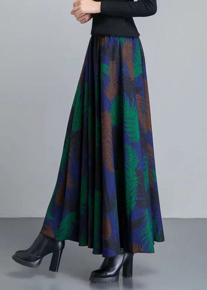 Colorblock Print Pockets Elastic Waist Cotton Skirt Winter
