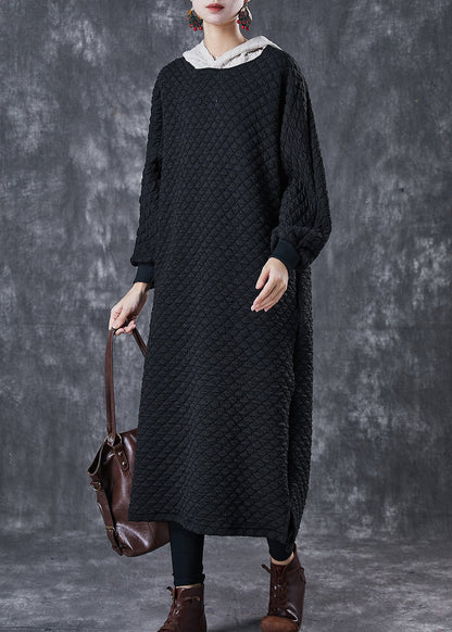 Black Hooded Patchwork Fine Cotton Filled Dress Winter