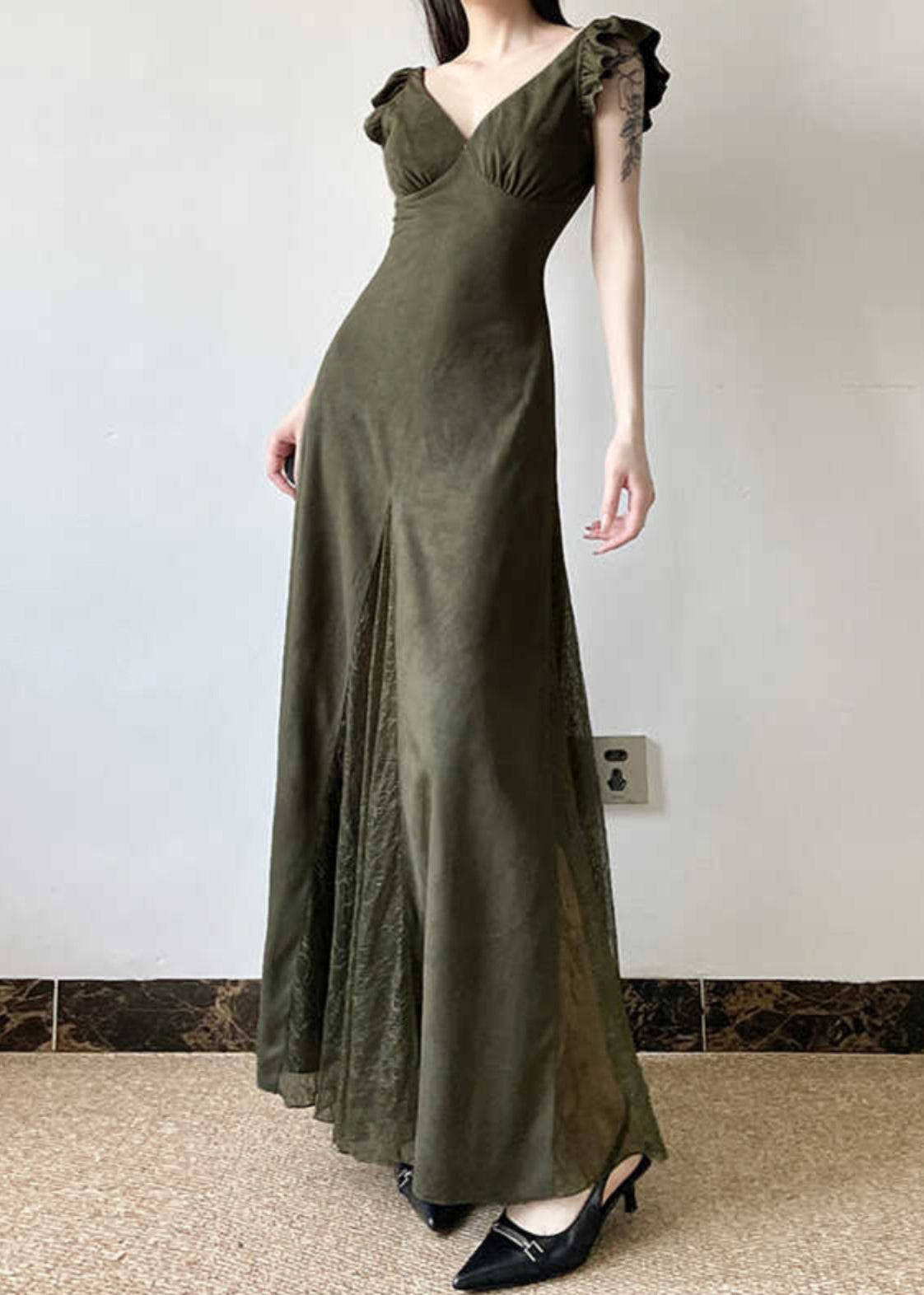 Silm Fit Army Green Exra Large Hem Patchwork Lace Long Dresses Summer