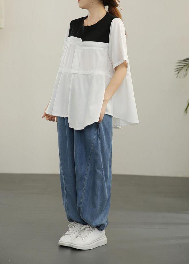 French White Patchwork O-neck Blouses Summer