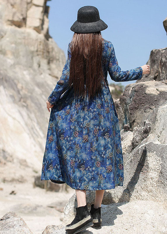 Blue Cinched Print Long Dresses Spring