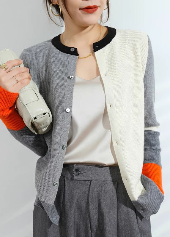 Green Patchwork Button Cotton Knitted Cardigans Fall