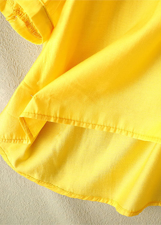 Yellow Color O-neck Embroideried Linen Top Half Sleeve