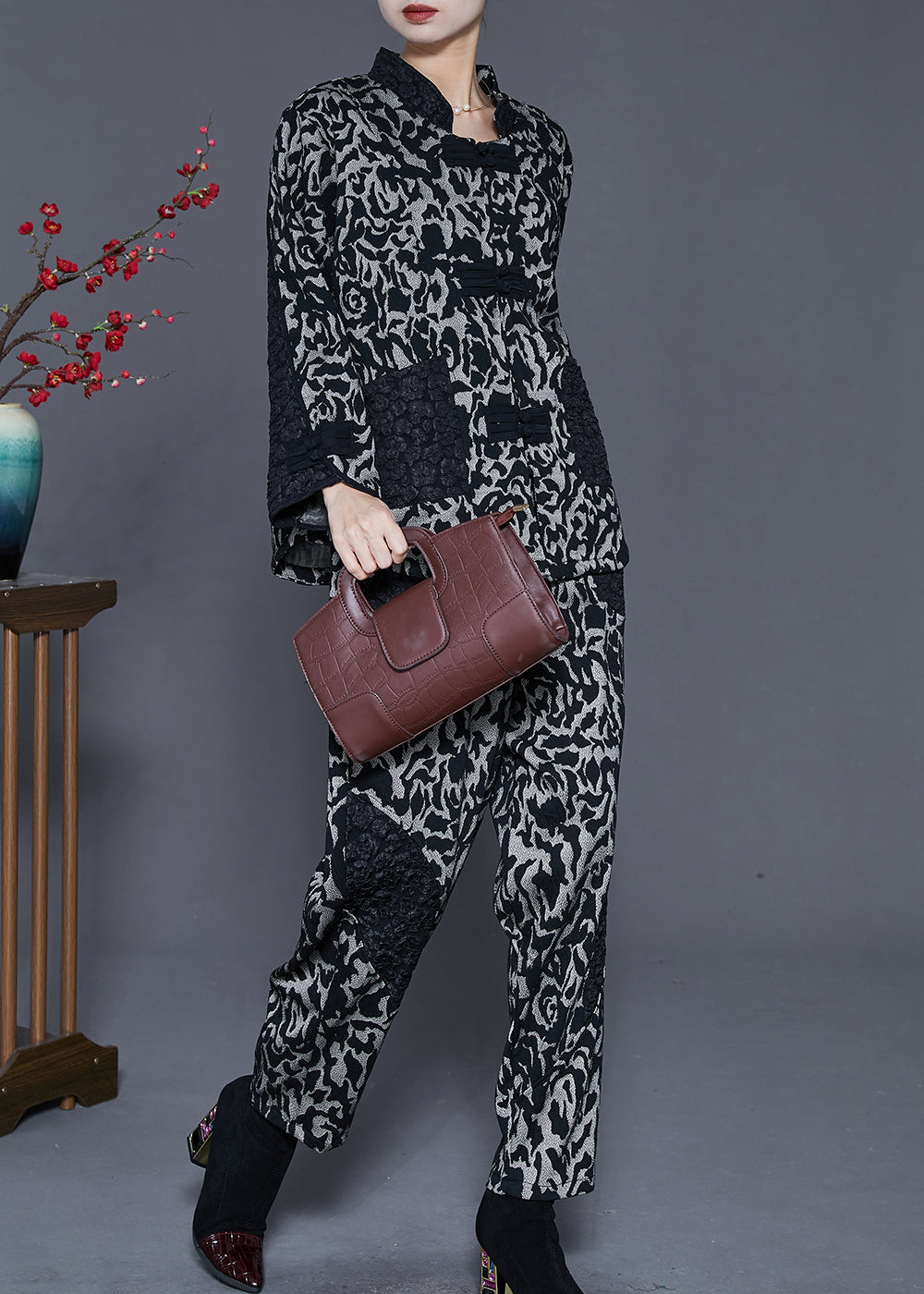 Grey Jacquard Patchwork Cotton Oriental Two Pieces Set Spring