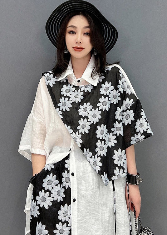 Loose White Patchwork Black Peter Pan Collar Print Shirts and Shorts Two Pieces Set Summer
