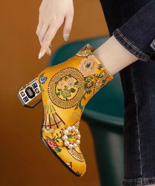 Yellow Embroidered Zircon Satin Chunky Ankle Boots