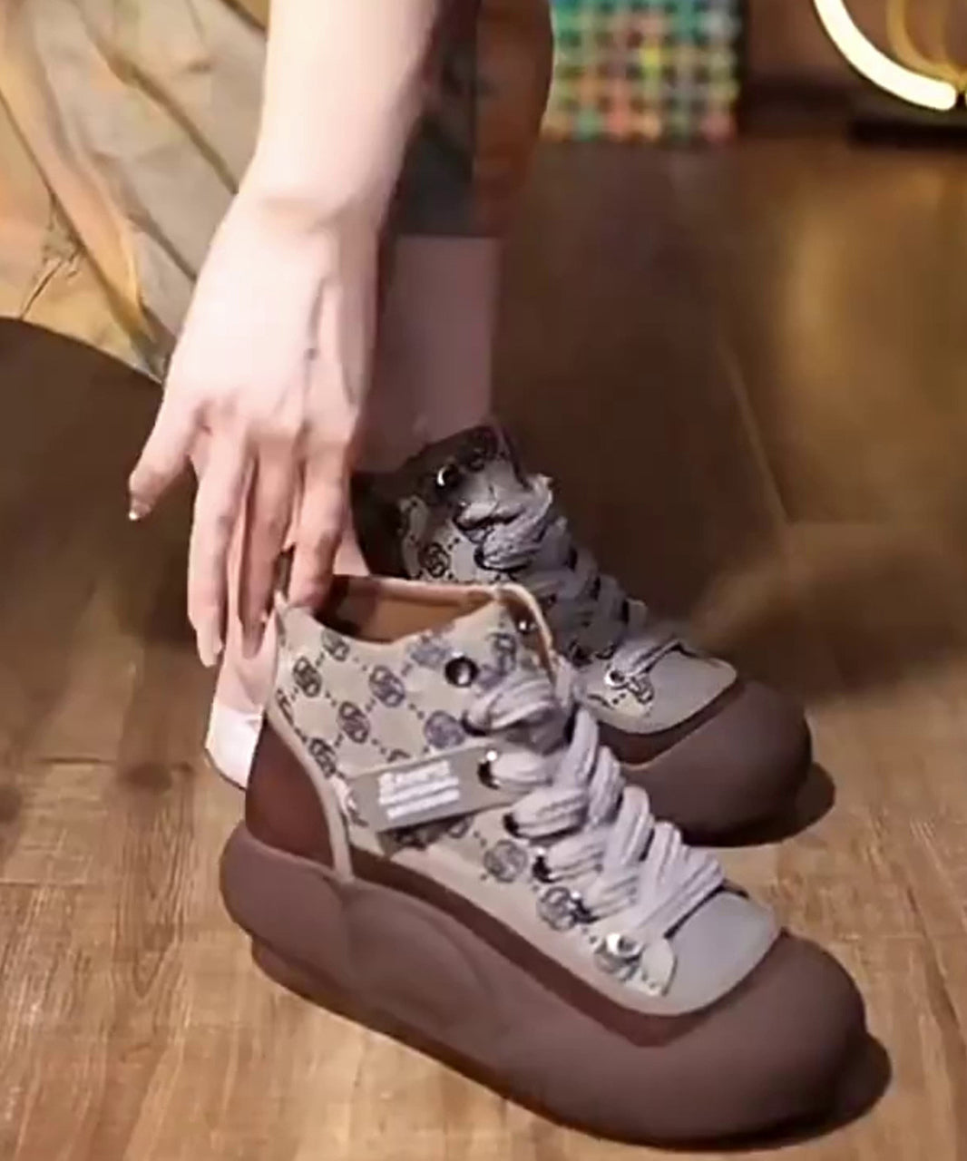Khaki Canvas Platform Flats Shoes Cross Strap