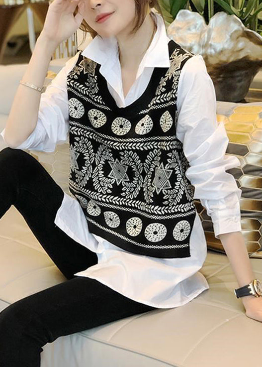 Black Knit Vest and White Shirts Two Pieces Set Fall