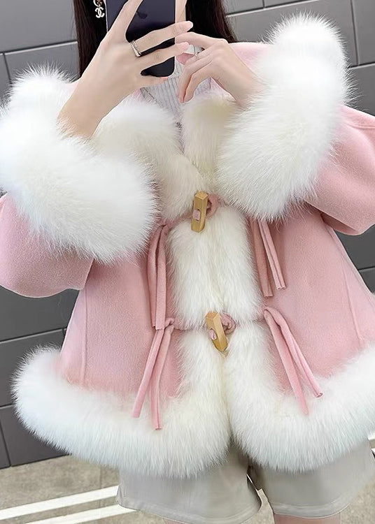 Grey Fox Collar Patchwork Woolen Short Coat Spring