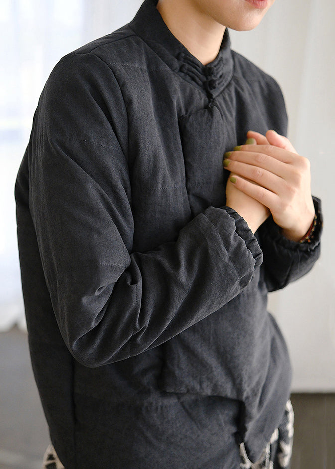 Black Button Pockets Fine Cotton Coats Stand Collar