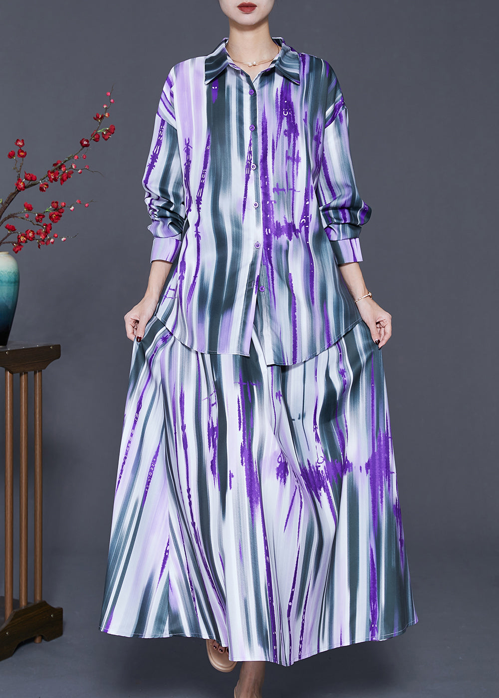 Purple Oversized Tie Dye Cotton Two Pieces Set Spring